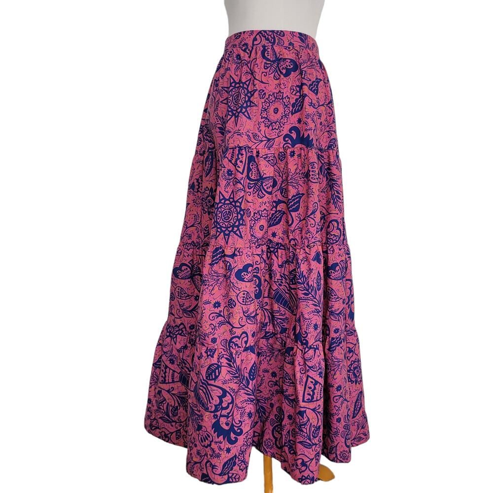 Rare Vintage Women Maxi Peasant Skirt Printed Boho Tiered Ruffle Summer Small